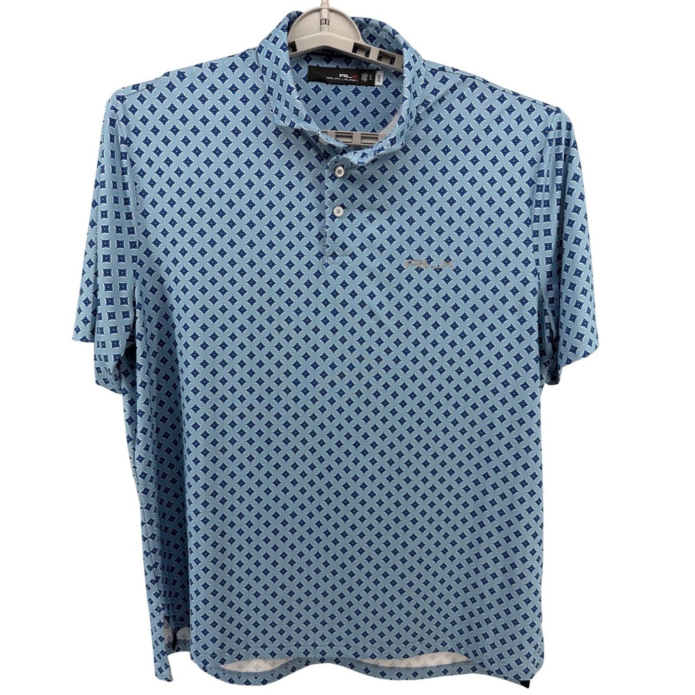 RLX Ralph Lauren Mens XL Blue Geometric Floral Medallion Golf Polo Shirt Stretch